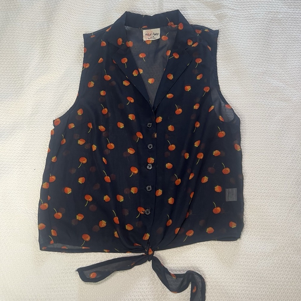 Black Poppy Size‎ Small Women's Sleeveless Button Sheer Blouse Fruit Navy Summer